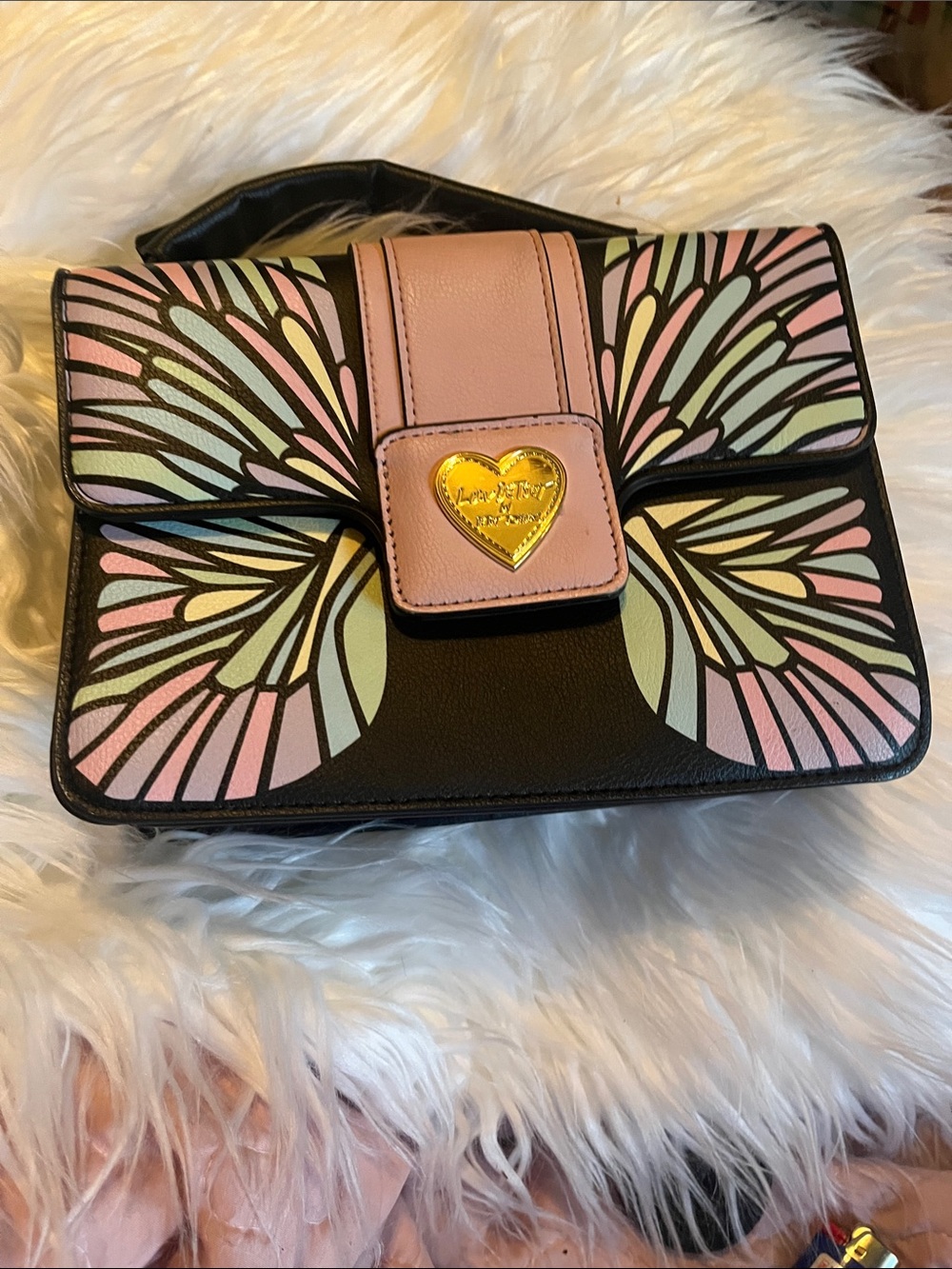 Betsey Johnson Black Satchel with Pink & Pastel Butterfly Wings